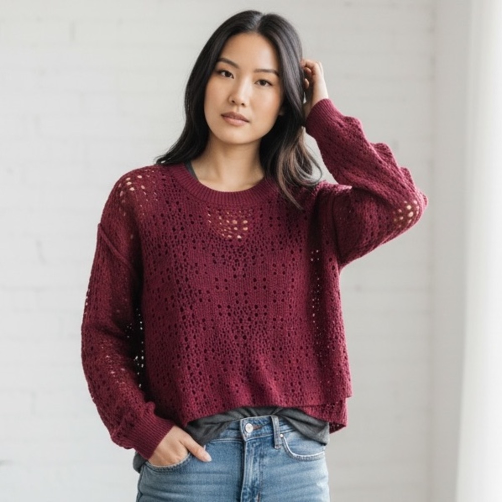 Patrons of Peace Garnet Crew Neck Open Knit Sweater NWT